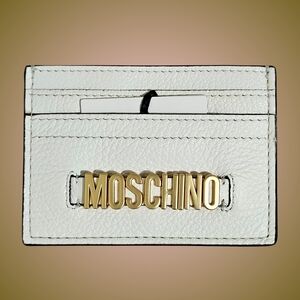 Moschino Card Case Wallet White Gold Tone Leather Minimalist Classic Gift